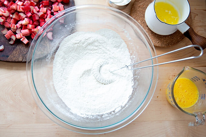 Whisking the dry ingredients for the rhubarb buckle.