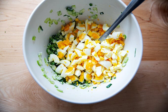 Chopped hard boiled eggs in a bowl ready to make egg salad.