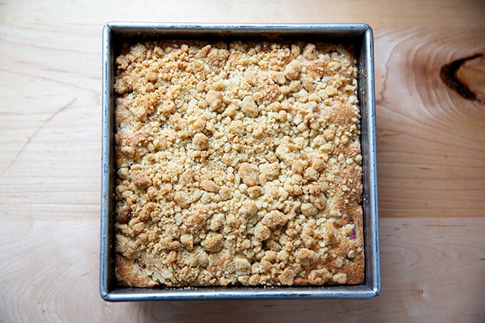 Just-baked rhubarb buckle.