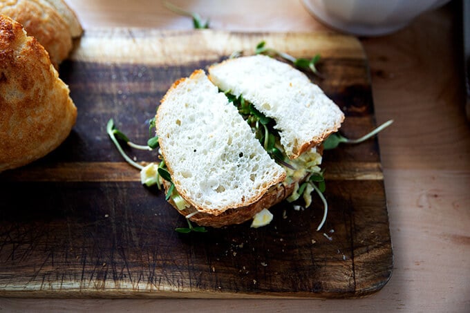 Peasant bread egg salad sandwich.