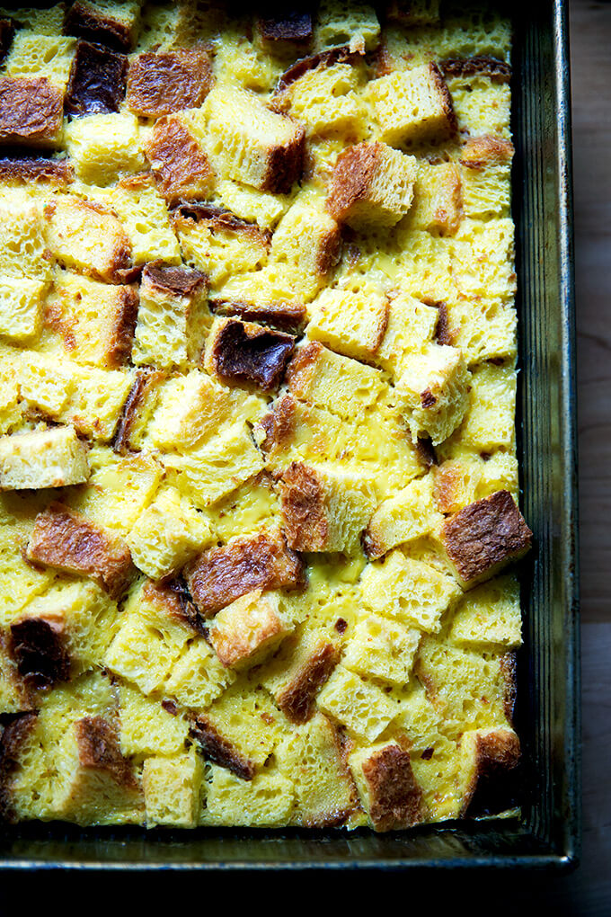 Baked brioche bread pudding.