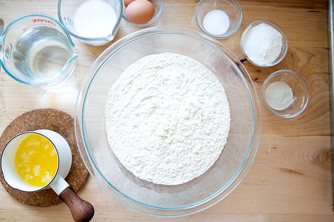 Ingredients to make brioche on a countertop.