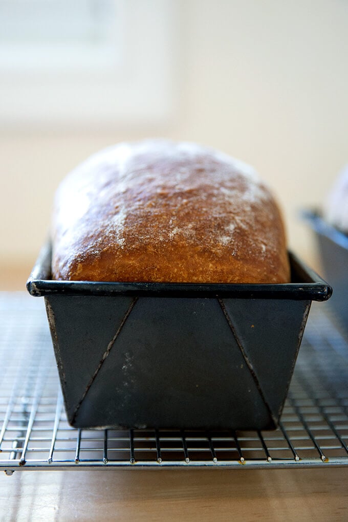 A loaf of freshly baked brioche in its loaf pan on a cooling rack.