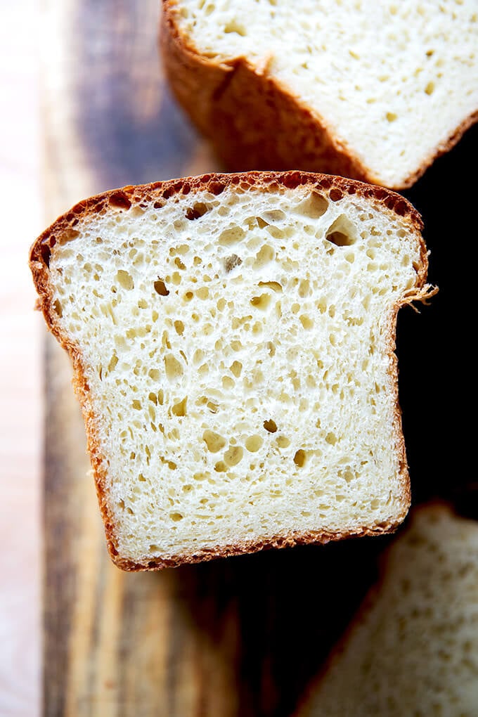 A halved loaf of brioche.