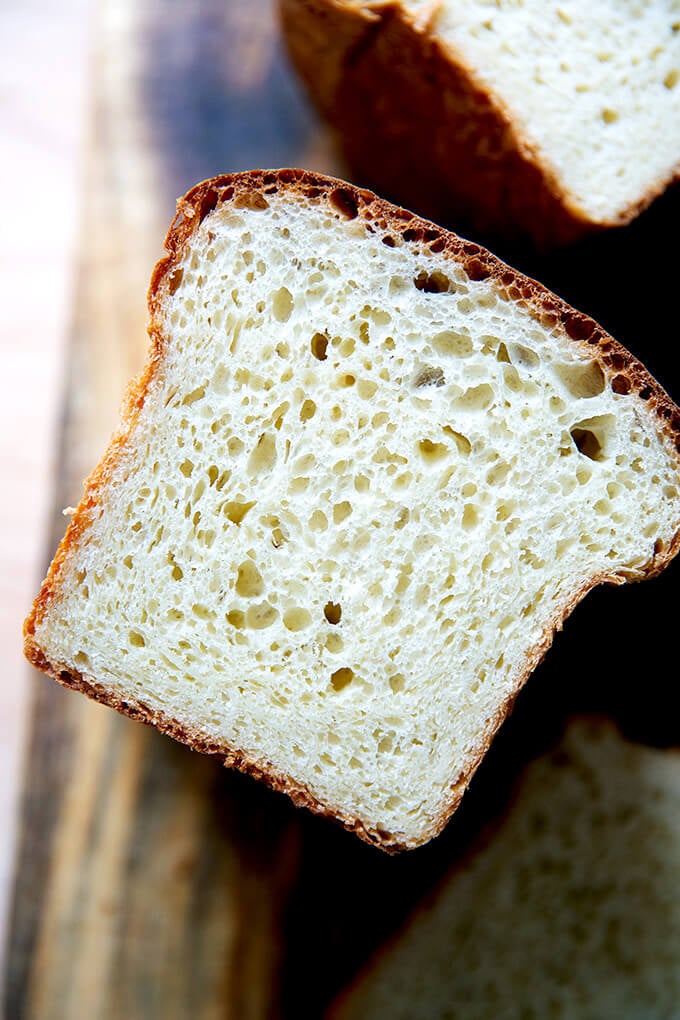 A halved loaf of brioche.