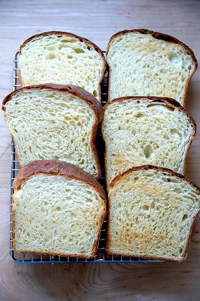 Toasted brioche on a cooling rack.