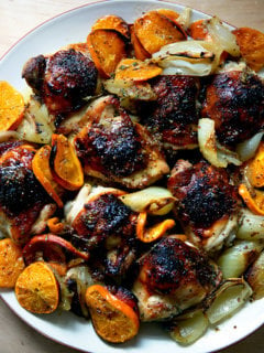 Roast chicken with clementines.