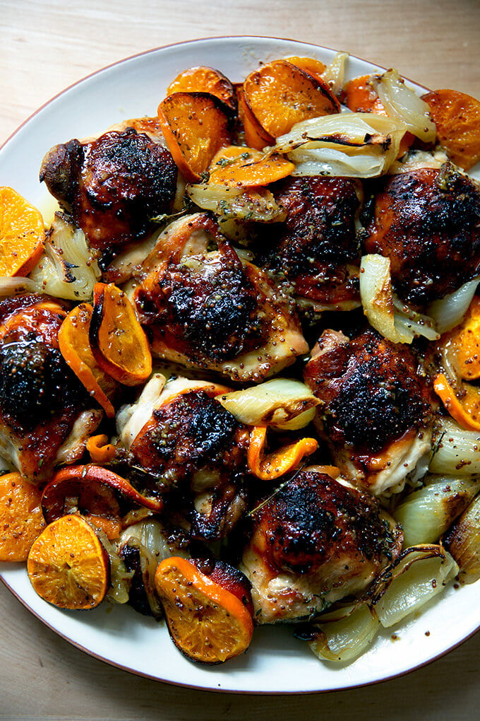 Roast chicken with clementines.