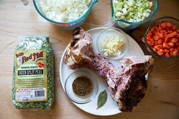 Ingredients to make split pea and ham soup.