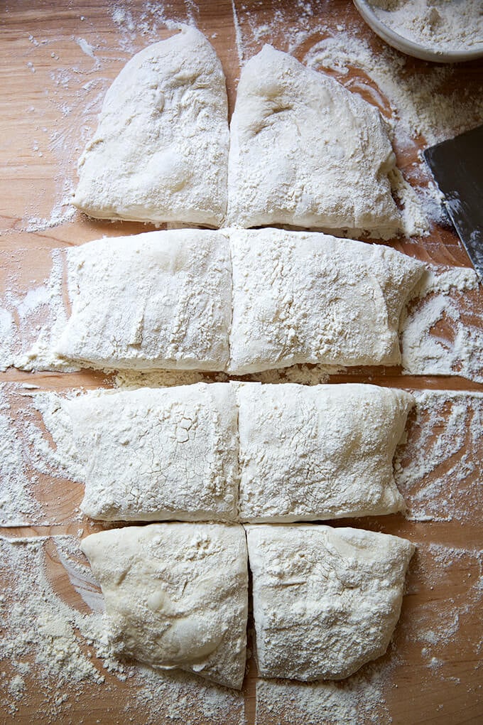Ciabatta dough cut into 8 portions.