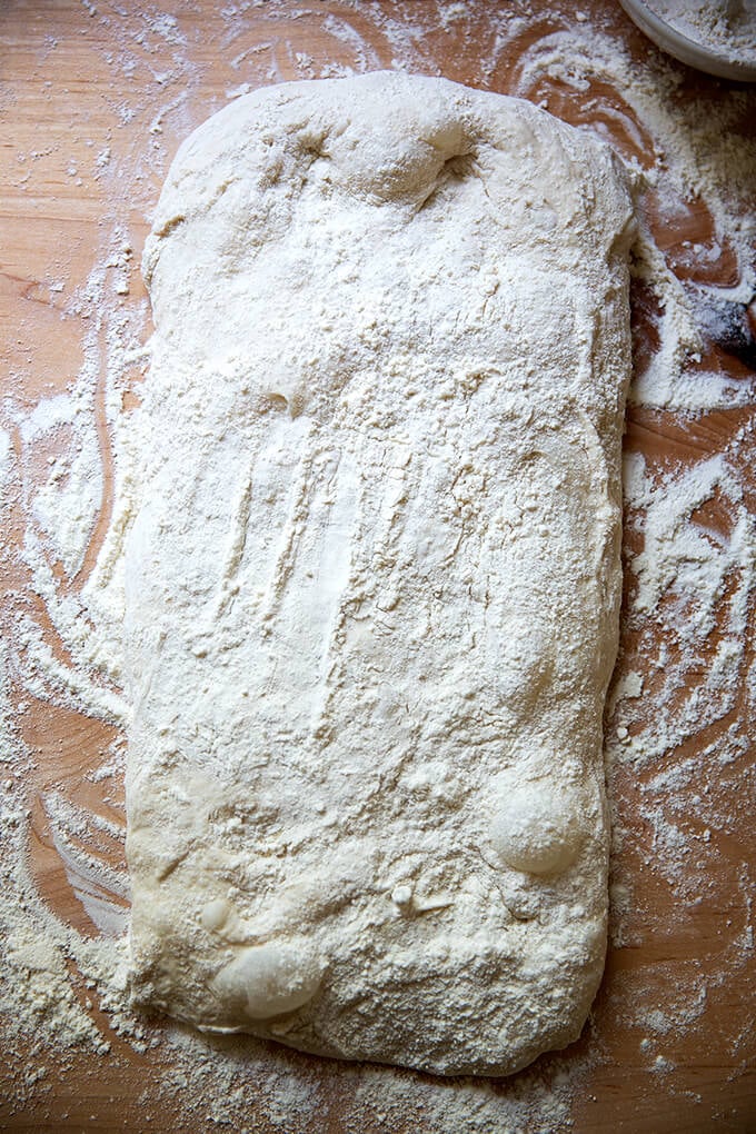 Ciabatta dough floured and shaped into a large rectangle.