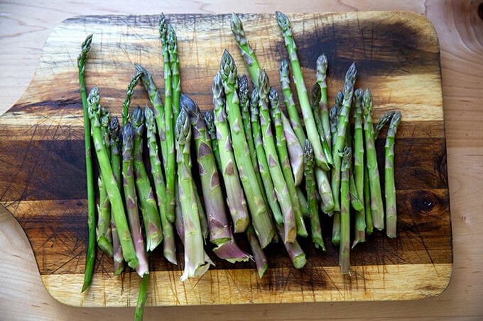 Asparagus on a board.