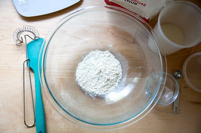 Ingredients to make a sponge for ciabatta bread.