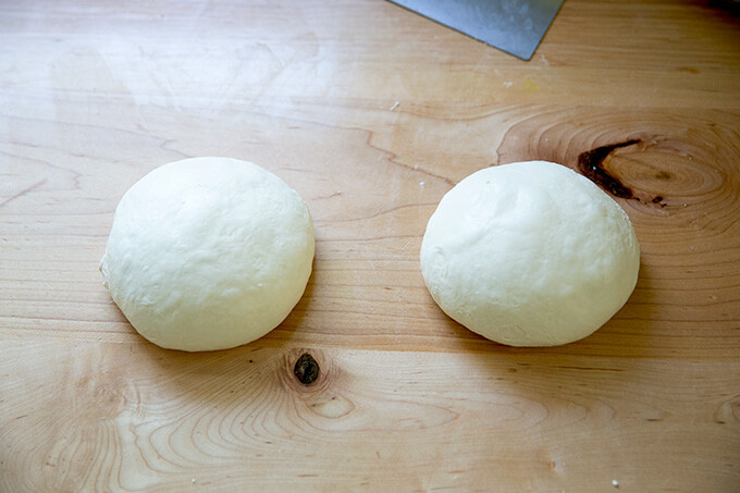 Two shaped rounds of ciabatta dough.