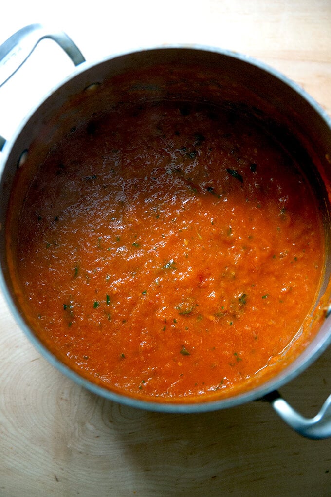 A pot of homemade, quick tomato sauce.