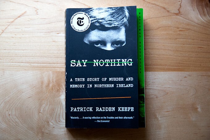 The book, Say Nothing, on a counter.