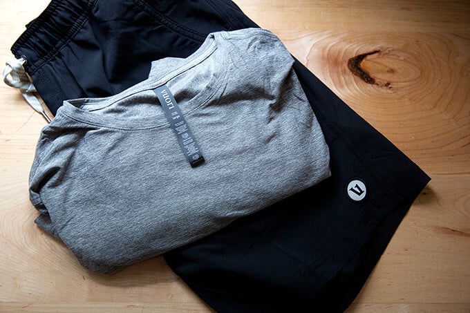 Vuori shorts and long-sleeve shirt.