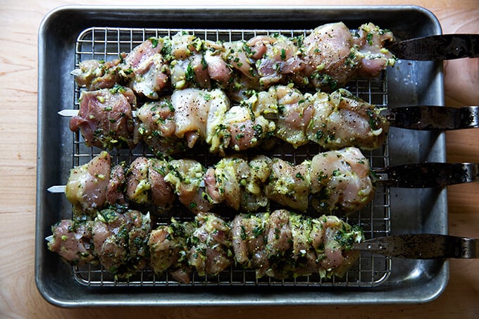 Skewered chicken souvlaki ready to be grilled.