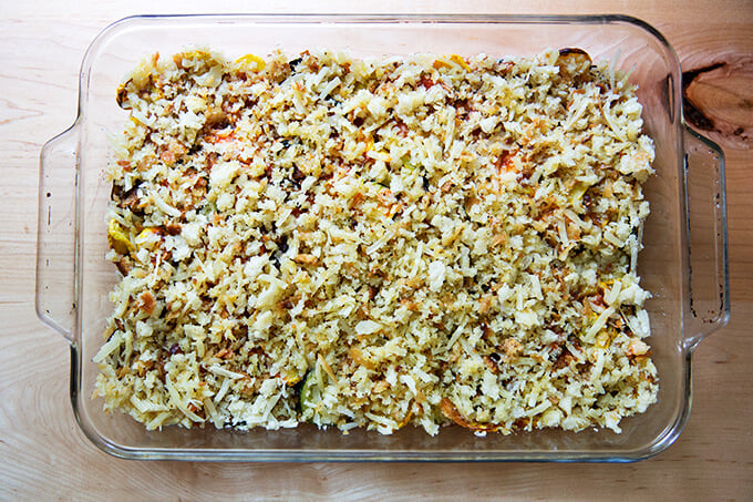 Assembled zucchini parmesan ready for the oven.