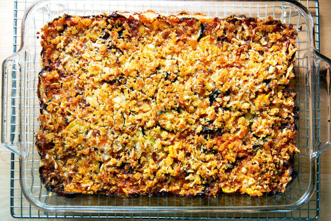 Just-baked zucchini parmesan.