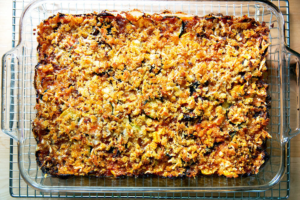 Just-baked zucchini parmesan.