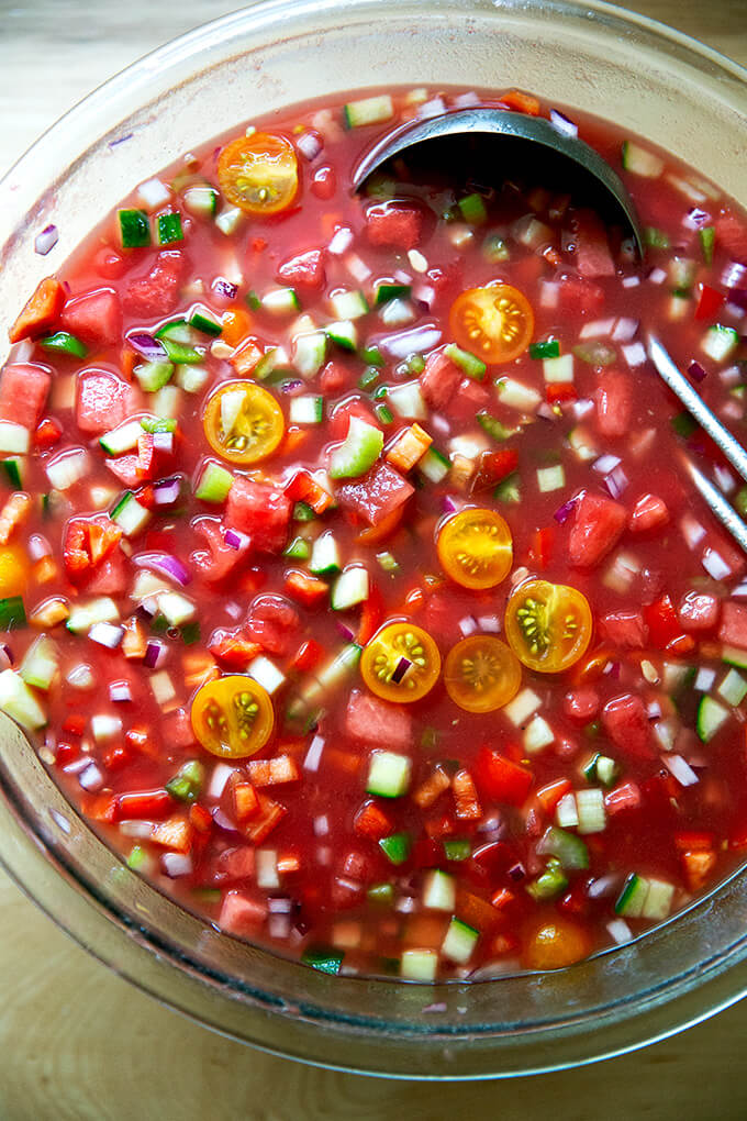 A large bowl filled with watermelon gazpacho.