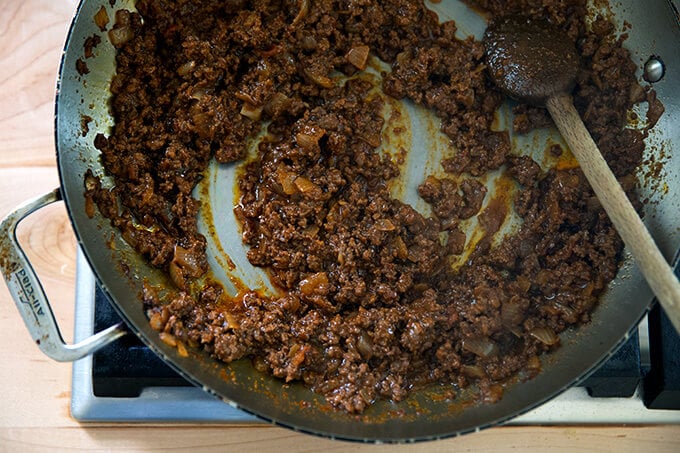 Taco mix in a skillet. 