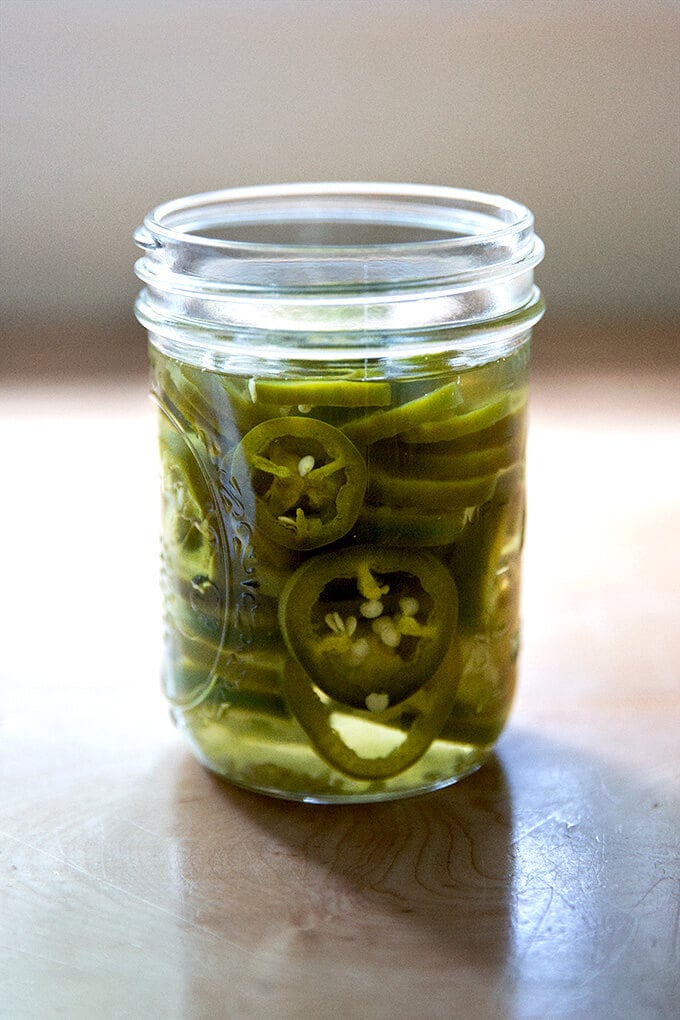 A jar of pickled jalapeños.