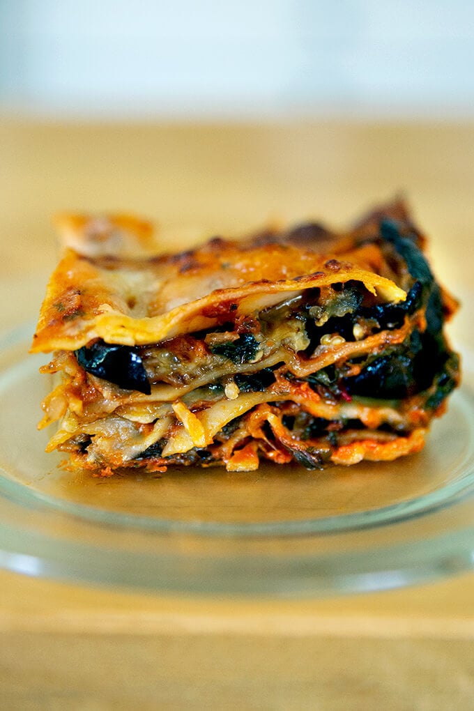 A slice of just-baked roasted eggplant lasagna.