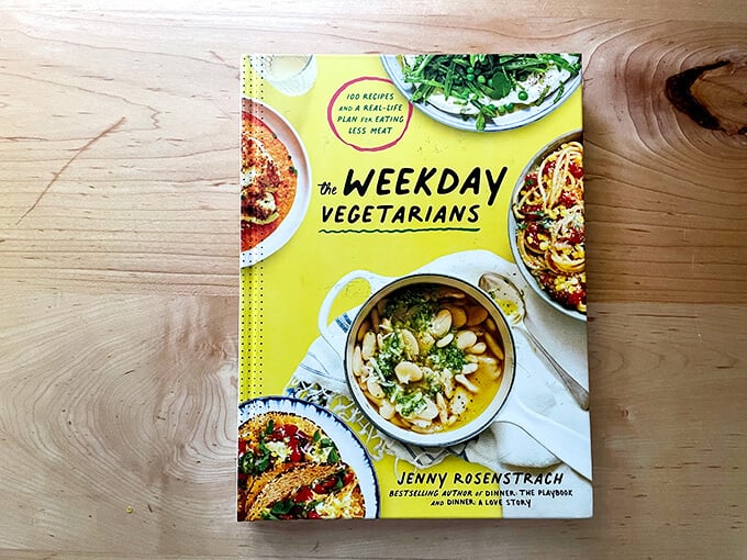 A book, The Weekday Vegetarians, on a countertop. 