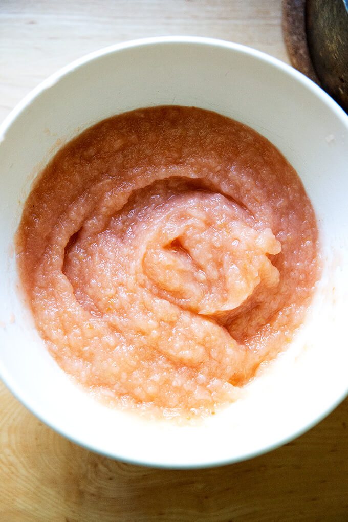 A bowl of homemade applesauce. 