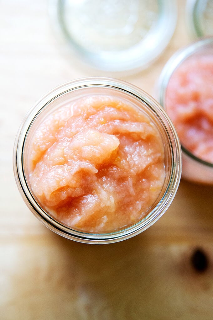 Weck jars holding homemade applesauce. 