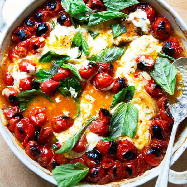 Just-baked feta and tomatoes with basil.