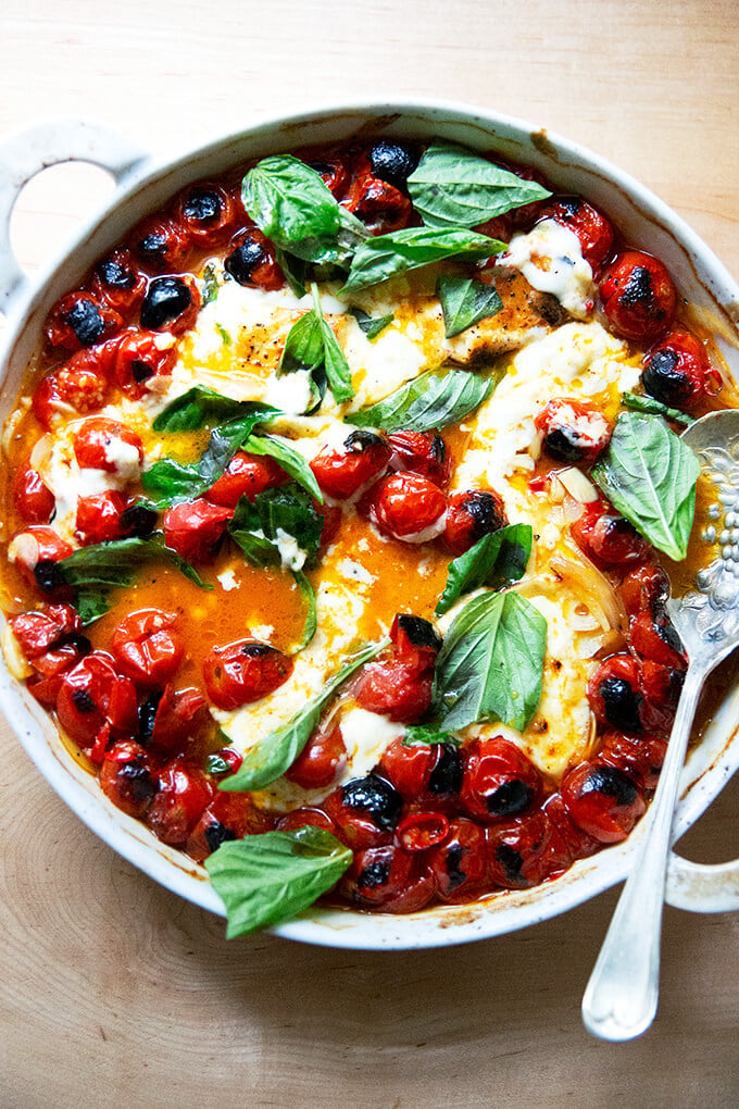 Just-baked feta and tomatoes with basil.