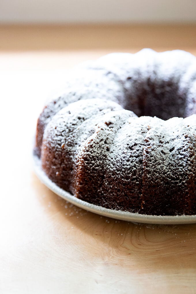 Powdered-sugar dusted applesauce bundt cake.