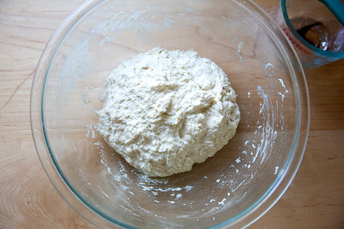 Just-mixed focaccia dough.