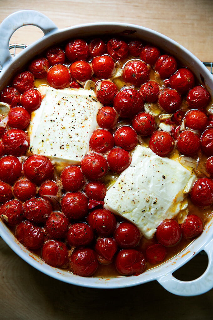 Baked feta and tomato just out of the oven.