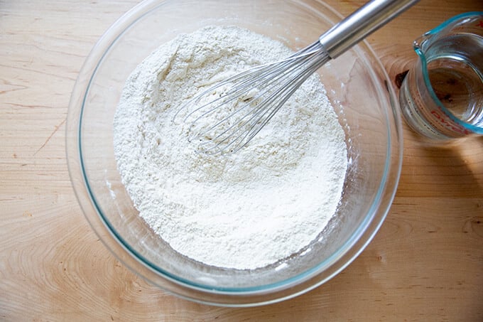 Dry ingredients for focaccia whisked together.