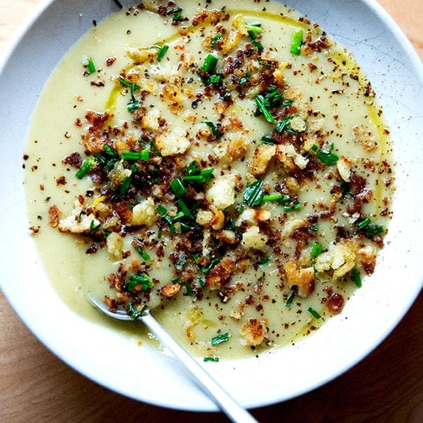 A bowl of potato leek soup.
