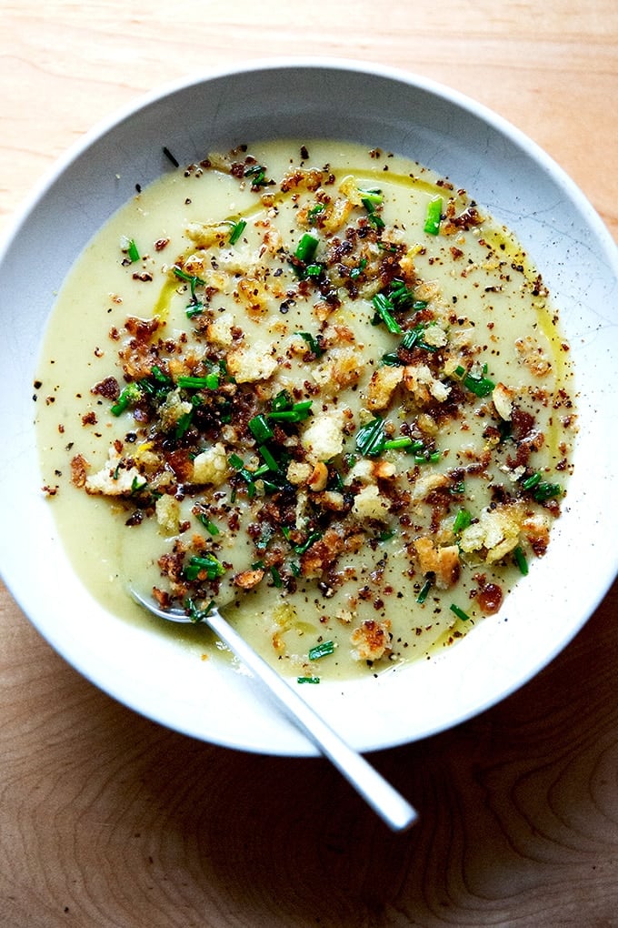 A bowl of potato leek soup.