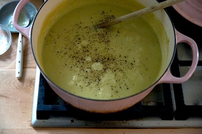 Puréed potato leek soup stovetop.