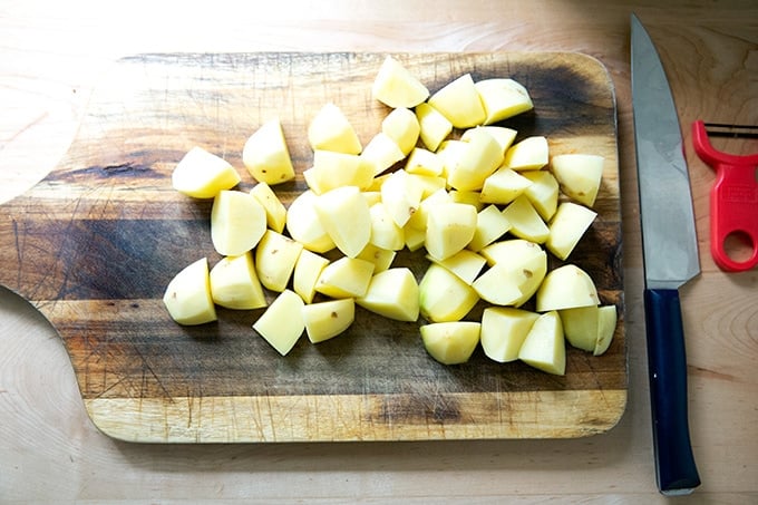 Peeled and cut Yukon Gold potatoes.