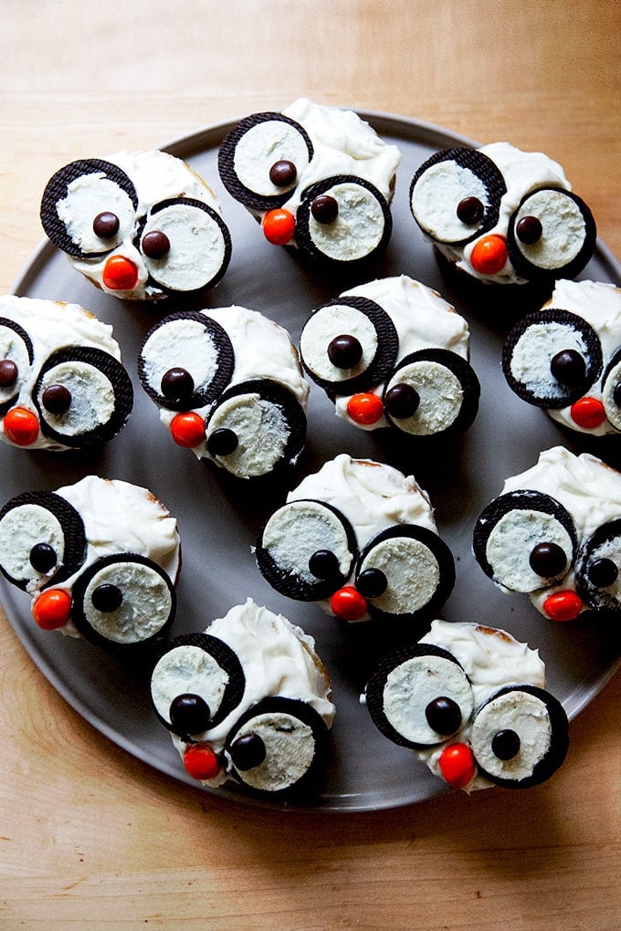 A plate of snowy owl Halloween cupcakes. 