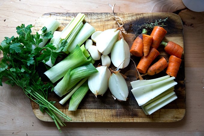 A board of vegetables to make vegetables stock.