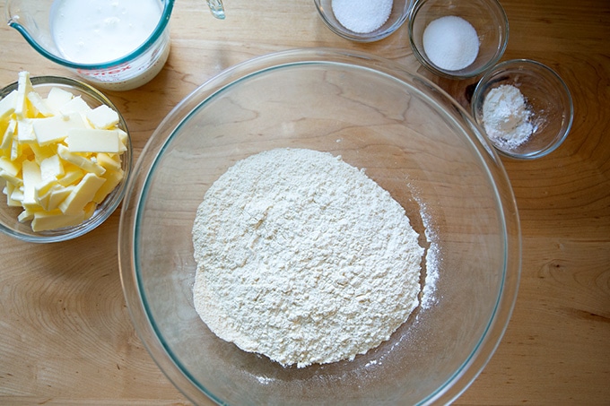 Ingredients to make buttermilk biscuits on a countertop.