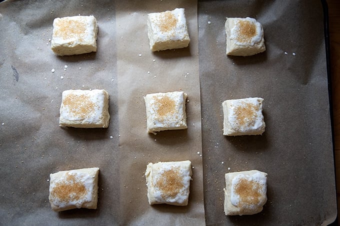 Cut unbaked biscuits on a sheet pan topped with buttermilk and turbinado sugar.