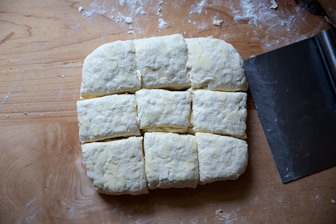 A block of biscuit dough cut into 9 squares.