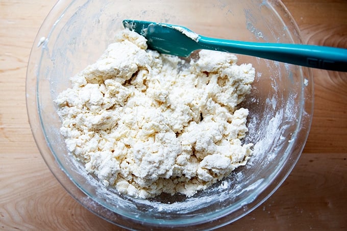 Biscuit dough mixed in a bowl.