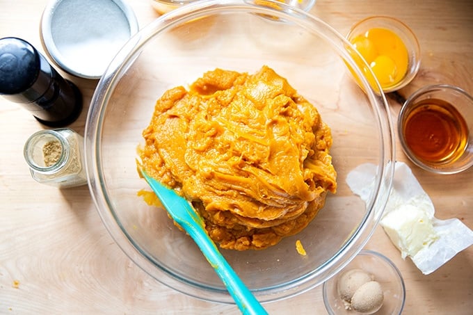 Puréed sweet potatoes in a large bowl.