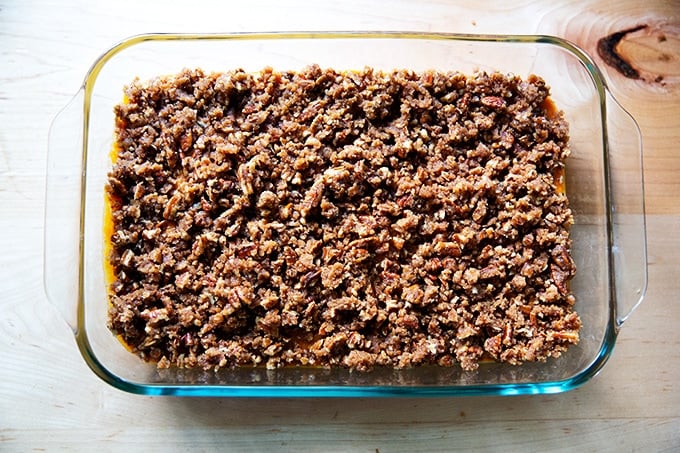 A sweet potato casserole ready for the oven.